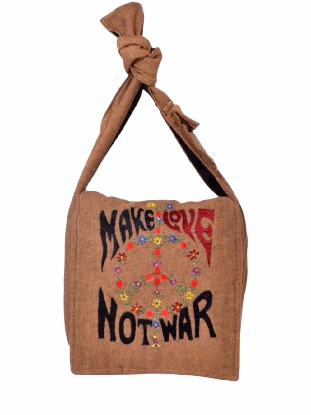 Make Love Not War Embroidered Bohemian Brown Messenger Bag NWT